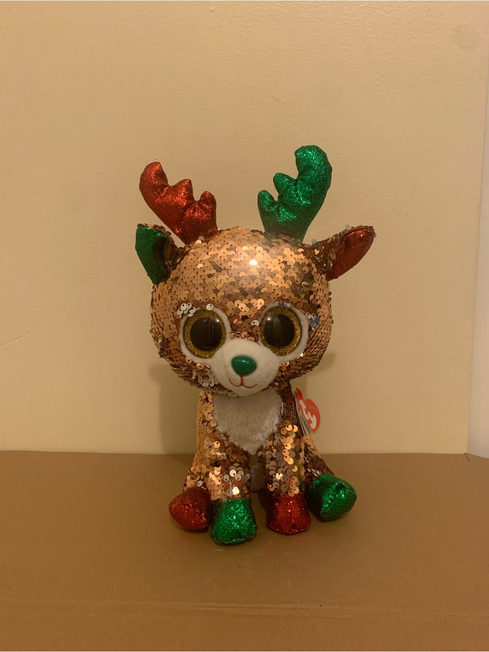 Ty Sequined Reindeer Plush - Rose Gold, Green, Red